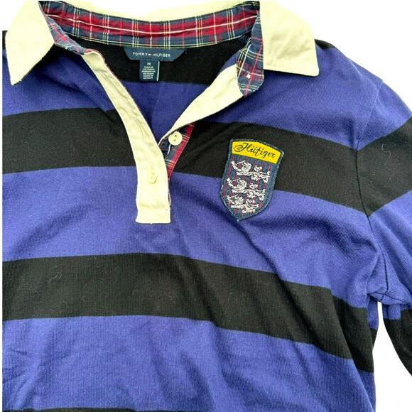 TOMMY HILFIGER Men's Medium Vintage Crest patch Polo Rugby Blue Striped Shirt - Picture 1 of 9